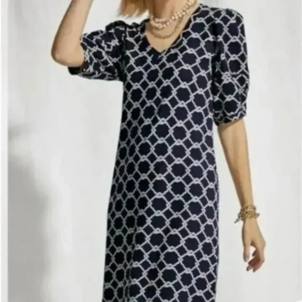 CABI Cruise Dress Navy White Sz S #6219 EUC